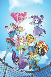 Size: 1186x1800 | Tagged: safe, artist:pencils, edit, editor:rmzero, idw, applejack, fluttershy, pinkie pie, rainbow dash, rarity, sci-twi, sunset shimmer, twilight sparkle, equestria girls, g4, spoiler:comic, armpits, boots, clothes, cloud, comic cover, converse, cowboy hat, cute, denim skirt, dress, hat, humane five, humane seven, humane six, jumping, leather, leather boots, march radness, pantyhose, ribbon sandals, shoes, skirt, sky, sneakers, stetson, sun, tank top, tights, trampoline