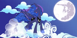 Size: 3000x1500 | Tagged: safe, artist:roadboat, princess luna, alicorn, pony, children of the night, g4, cloud, female, mare, mare in the moon, moon, solo