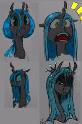 Size: 2500x3768 | Tagged: safe, artist:roadboat, queen chrysalis, changeling, changeling queen, g4, alternate hairstyle, blush sticker, blushing, bust, female, high res, ponytail, solo, surprised