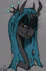 Size: 1256x1912 | Tagged: safe, artist:roadboat, queen chrysalis, changeling, changeling queen, g4, bust, crown, curved horn, female, horn, jewelry, regalia, solo
