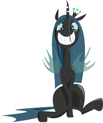 Size: 1892x2254 | Tagged: safe, artist:roadboat, queen chrysalis, changeling, changeling queen, g4, big grin, crown, female, grin, jewelry, regalia, simple background, sitting, smiling, solo, transparent background, transparent wings, wings