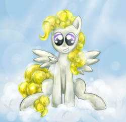 Size: 880x847 | Tagged: safe, artist:doodlesuovick, artist:munadrake, surprise, pegasus, pony, g1, cloud, cute, female, mare, sitting on a cloud, solo