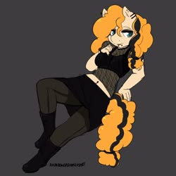 Size: 3000x3000 | Tagged: safe, artist:rainbowsprinklesart, pear butter, earth pony, anthro, plantigrade anthro, g4, belly button, belly piercing, bellyring, boots, clothes, cute, ear piercing, eyeshadow, female, fishnet clothing, goth, gray background, high res, makeup, mare, midriff, pantyhose, piercing, reclining, shoes, signature, simple background, skirt, snake bites, solo, sports bra