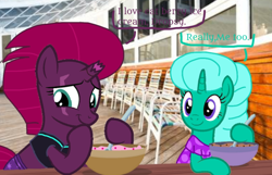 Size: 1080x695 | Tagged: safe, artist:徐詩珮, fizzlepop berrytwist, glitter drops, tempest shadow, pony, unicorn, series:sprglitemplight diary, series:sprglitemplight life jacket days, series:springshadowdrops diary, series:springshadowdrops life jacket days, g4, alternate universe, base used, broken horn, clothes, cute, dialogue, female, glitterbetes, horn, lesbian, ship:glittershadow, shipping, simple background, swimsuit, tempestbetes