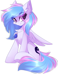 Size: 2394x3035 | Tagged: safe, artist:airiniblock, oc, oc only, oc:starburn, pegasus, pony, 2020 community collab, derpibooru community collaboration, chest fluff, ear fluff, female, jewelry, looking at you, necklace, simple background, sitting, solo, transparent background