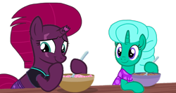 Size: 1960x1046 | Tagged: safe, artist:徐詩珮, fizzlepop berrytwist, glitter drops, tempest shadow, pony, unicorn, series:sprglitemplight diary, series:sprglitemplight life jacket days, series:springshadowdrops diary, series:springshadowdrops life jacket days, g4, alternate universe, base used, broken horn, clothes, cute, female, food, glitterbetes, horn, ice cream, lesbian, ship:glittershadow, shipping, simple background, swimsuit, tempestbetes, transparent background
