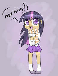 Size: 2975x3850 | Tagged: safe, artist:applejack-lover-fan, twilight sparkle, human, g4, clothes, colored pupils, cute, dialogue, female, high res, humanized, miniskirt, plaid skirt, scarf, shoes, skirt, socks, solo, twiabetes