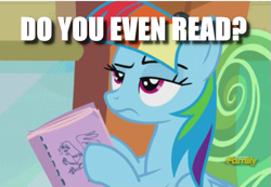 Size: 511x353 | Tagged: safe, edit, edited screencap, screencap, rainbow dash, pegasus, pony, g4, the lost treasure of griffonstone, annoyed, caption, cropped, discovery family logo, do you even lift, female, image macro, manebow sparkle, mare, meme, solo, text