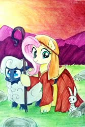 Size: 2322x3467 | Tagged: safe, artist:liaaqila, angel bunny, fluttershy, pegasus, pony, rabbit, sheep, g4, animal, clothes, female, grass, high res, hoof hold, looking at you, mare, raised hoof, robe, rock, shepherd, shepherd's crook, sunset, traditional art