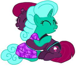 Size: 1203x1053 | Tagged: safe, artist:徐詩珮, fizzlepop berrytwist, glitter drops, tempest shadow, pony, unicorn, series:sprglitemplight diary, series:sprglitemplight life jacket days, series:springshadowdrops diary, series:springshadowdrops life jacket days, g4, alternate universe, base used, broken horn, clothes, cute, female, glitterbetes, horn, hug, lesbian, ship:glittershadow, shipping, simple background, swimsuit, tempestbetes, transparent background