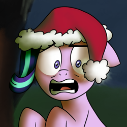 Size: 616x616 | Tagged: safe, artist:wallparty, starlight glimmer, pony, unicorn, g4, bust, christmas, female, halloween, hat, holiday, mare, open mouth, santa hat, scared, shrunken pupils, solo, wide eyes
