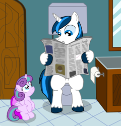 Size: 1812x1889 | Tagged: source needed, safe, anonymous artist, princess flurry heart, shining armor, alicorn, pony, unicorn, equestria daily, g4, anatomically incorrect, bathroom, but why, daughter, father, father and daughter, female, filly, foal, implied big macintosh, implied derpy, implied filthy rich, implied pooping, implied rainbow dash, innocent, looking at each other, male, newspaper, ponies doing human things, potty, potty time, potty training, reading, sitting on toilet, toilet, toilet paper