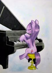 Size: 2697x3752 | Tagged: safe, artist:0okami-0ni, oc, oc only, oc:morion, pony, high res, musical instrument, piano, playing, sitting, solo, traditional art