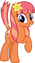 Size: 4000x7088 | Tagged: safe, artist:parclytaxel, oc, oc only, oc:blazing love, earth pony, pony, 2020 community collab, derpibooru community collaboration, .svg available, absurd resolution, female, flower, flower in hair, grin, looking at you, mare, raised hoof, raised tail, simple background, smiling, solo, tail, tail wrap, transparent background, vector