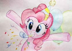 Size: 3590x2585 | Tagged: safe, artist:0okami-0ni, pinkie pie, earth pony, pony, g4, balloon, female, hat, high res, party hat, party horn, solo, traditional art