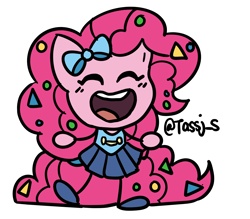 Size: 3370x2956 | Tagged: safe, artist:tassji-s, pinkie pie, equestria girls, g4, bow, clothes, cute, diapinkes, eyes closed, female, high res, open mouth, pleated skirt, shoes, simple background, skirt, solo, transparent background