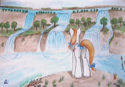 Size: 3746x2617 | Tagged: safe, artist:0okami-0ni, oc, oc only, pony, bow, high res, rear view, solo, traditional art, waterfall
