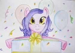 Size: 3609x2580 | Tagged: safe, artist:0okami-0ni, oc, oc only, pony, birthday, high res, present, solo, traditional art