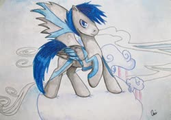 Size: 4006x2807 | Tagged: safe, artist:0okami-0ni, oc, oc only, oc:winged string, pony, cloud, solo, traditional art