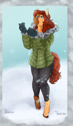 Size: 779x1336 | Tagged: safe, artist:blackblood-queen, oc, oc only, oc:honeypot meadow, earth pony, anthro, unguligrade anthro, beauty mark, clothes, coat, commission, digital art, female, gloves, looking up, pants, reaching, smiling, snow, snowfall, solo, winter outfit