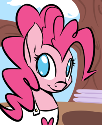 Size: 259x318 | Tagged: safe, artist:pippy, pinkie pie, earth pony, pony, pinkiepieskitchen, g4, apron, clothes, female, looking at you, mare, no pupils, smiling, solo, tree