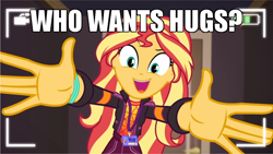Size: 600x338 | Tagged: safe, edit, edited screencap, screencap, sunset shimmer, equestria girls, equestria girls series, g4, how to backstage, spoiler:eqg series (season 2), arms wide open, bronybait, caption, female, hug request, hugs?, image macro, outstretched arms, solo, text