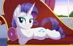 Size: 3840x2400 | Tagged: safe, artist:arcane-thunder, rarity, pony, unicorn, g4, cheek fluff, ear fluff, fainting couch, female, high res, looking at you, mare, smiling, solo