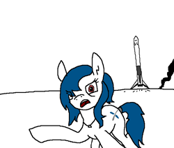 Size: 652x553 | Tagged: safe, oc, oc only, oc:spacexpone, earth pony, pony, angry, cyoa, falcon 9, looking at you, offscreen character, pointing, pov, rocket, simple background, solo, spacex, white background