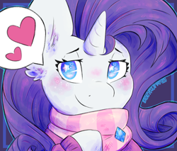 Size: 2977x2539 | Tagged: safe, artist:php166, rarity, pony, unicorn, g4, bust, clothes, cute, ear fluff, female, freckles, gem, heart, heart eyes, high res, mare, no pupils, pictogram, portrait, raribetes, scarf, solo, speech bubble, starry eyes, sweater, wingding eyes, winter