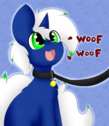 Size: 3000x3472 | Tagged: safe, artist:pegamutt, oc, oc only, oc:mimic, pony, unicorn, abstract background, barking, behaving like a dog, collar, happy, high res, leash, looking up, male, pet play, playful, sitting, solo, stallion, tail