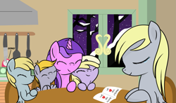 Size: 1309x768 | Tagged: safe, artist:dinkyuniverse, amethyst star, chirpy hooves, crackle pop, derpy hooves, dinky hooves, sparkler, pegasus, pony, unicorn, g4, card, chair, colt, dinner, equestria's best daughter, equestria's best family, equestria's best mother, family, female, filly, headcanon, kitchen, kitchen knife, male, mother, new year, new years eve, night, snow, spatula, spoon, stove, table, thank you card