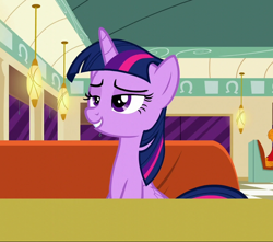 Size: 814x721 | Tagged: safe, screencap, twilight sparkle, alicorn, pony, g4, the saddle row review, cropped, diner, female, horn, lidded eyes, mare, sitting, smiling, smirk, smuglight sparkle, solo, twilight sparkle (alicorn), wings
