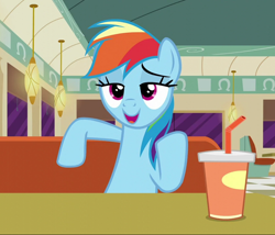 Size: 844x721 | Tagged: safe, screencap, rainbow dash, pegasus, pony, g4, the saddle row review, cropped, cup, diner, drink, faic, female, lidded eyes, mare, open mouth, raised hoof, sitting, smiling, smirk, smug, smugdash, solo