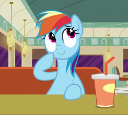 Size: 806x721 | Tagged: safe, screencap, rainbow dash, pegasus, pony, g4, the saddle row review, cropped, cup, cute, dashabetes, diner, drink, female, mare, raised hoof, sitting, smiling, solo, thinking