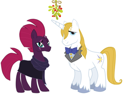 Size: 2092x1595 | Tagged: safe, fizzlepop berrytwist, prince blueblood, tempest shadow, g4, berryblood, christmas, crack shipping, female, hearth's warming, holiday, male, mistleholly, shipping, straight