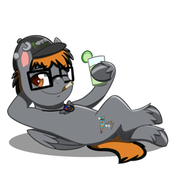 Size: 4093x4093 | Tagged: safe, artist:jcosneverexisted, oc, oc only, oc:lightning blaze, pony, g4.5, my little pony: pony life, cigarette, drink, glasses, hat, looking at you, lying, male, one eye closed, simple background, solo, stallion, transparent background, unshorn fetlocks