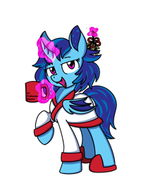Size: 2000x2300 | Tagged: safe, artist:sugar morning, oc, oc only, oc:sapphie, alicorn, bat pony, bat pony alicorn, hybrid, pony, alicorn oc, bat pony oc, bathrobe, clothes, commission, cup, female, folded wings, high res, horn, looking at you, magic, mare, mistletoe, raised hoof, robe, simple background, smiling, solo, telekinesis, tired, transparent background, wings