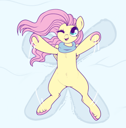Size: 1064x1077 | Tagged: safe, artist:lulubell, fluttershy, pegasus, pony, g4, clothes, colored hooves, cute, female, frog (hoof), mare, on back, one eye closed, overhead view, scarf, shyabetes, snow, snow angel, solo, underhoof, unshorn fetlocks