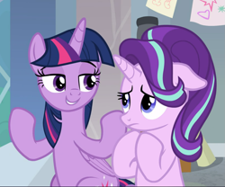 Size: 1131x939 | Tagged: safe, screencap, starlight glimmer, twilight sparkle, alicorn, pony, unicorn, a horse shoe-in, g4, advice, amused, ashamed, cropped, cute, duo, female, floppy ears, folded wings, glimmerbetes, guilty, hair flip, lidded eyes, looking at each other, mare, raised hooves, sitting, smiling, smirk, twiabetes, twilight sparkle (alicorn), upset