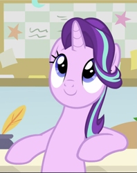 Size: 745x941 | Tagged: safe, screencap, starlight glimmer, pony, unicorn, a horse shoe-in, g4, bipedal, cropped, cute, desk, female, glimmerbetes, inkwell, leaning, leaning back, mare, quill, smiling, solo