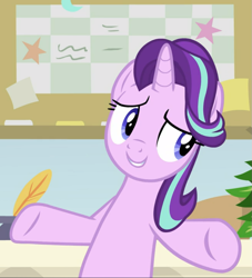 Size: 849x937 | Tagged: safe, screencap, starlight glimmer, pony, unicorn, a horse shoe-in, g4, bipedal, bipedal leaning, cropped, desk, female, inkwell, leaning, leaning back, mare, quill, smiling, solo, spread hooves, underhoof