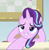 Size: 809x822 | Tagged: safe, screencap, starlight glimmer, pony, unicorn, a horse shoe-in, g4, bipedal, bipedal leaning, cropped, desk, female, hooves behind head, leaning, leaning back, lidded eyes, mare, smiling, smirk, solo