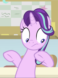 Size: 695x940 | Tagged: safe, screencap, starlight glimmer, pony, unicorn, a horse shoe-in, g4, bipedal, bipedal leaning, cropped, female, leaning, leaning back, looking down, mare, shrunken pupils, solo, surprised, underhoof