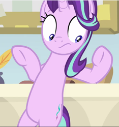 Size: 880x942 | Tagged: safe, screencap, starlight glimmer, pony, unicorn, a horse shoe-in, g4, belly, bipedal, bipedal leaning, cropped, desk, female, leaning, leaning back, looking down, mare, shrunken pupils, solo, surprised, underhoof