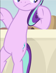 Size: 721x938 | Tagged: safe, screencap, starlight glimmer, pony, unicorn, a horse shoe-in, g4, belly, bipedal, bipedal leaning, cropped, desk, female, leaning, leaning back, looking down, mare, solo, underhoof, wavy mouth