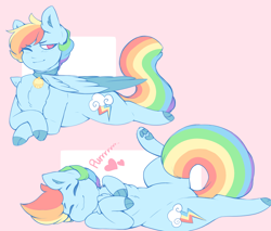 Size: 2048x1748 | Tagged: safe, artist:coonyloony, rainbow dash, cat, cat pony, original species, g4, alternate hairstyle, behaving like a cat, bell, bell collar, chest fluff, collar, cute, dashabetes, ear fluff, eyes closed, feathered wings, female, heart, no pupils, on back, one eye closed, paw pads, paws, prone, purring, rainbow cat, solo, two toned wings, wings