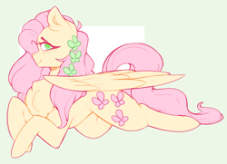 Size: 1280x929 | Tagged: safe, artist:coonyloony, fluttershy, butterfly, pegasus, pony, g4, abstract background, blushing, chest fluff, colored pupils, cute, female, hair accessory, mare, profile, prone, shyabetes, solo
