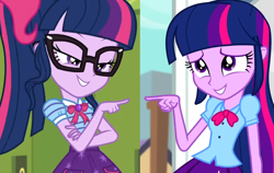 Size: 1052x665 | Tagged: safe, edit, screencap, sci-twi, twilight sparkle, equestria girls, equestria girls series, g4, holidays unwrapped, my little pony equestria girls: friendship games, o come all ye squashful, spoiler:eqg series (season 2), finger, geode of telekinesis, magical geodes, twolight