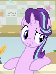 Size: 701x938 | Tagged: safe, screencap, starlight glimmer, pony, unicorn, a horse shoe-in, g4, bipedal, bipedal leaning, cropped, desk, female, leaning, leaning back, mare, smiling, smirk, solo