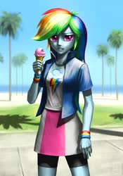 Size: 1400x2000 | Tagged: safe, artist:murskme, rainbow dash, equestria girls, g4, arms, beach, breasts, bust, clothes, collar, female, fingers, food, grass, hand, holding, ice cream, legs, long hair, ocean, open mouth, palm tree, sand, shirt, short sleeves, sidewalk, skirt, solo, standing, t-shirt, teenager, teeth, tree, water, wristband
